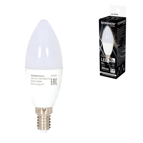 Лампа светодиодная SONNEN EXTRA, 10 (85) Вт, Е14, свеча, нейтральный белый, 30000 ч, LED C37-10W-4000-Е14, 457905 - фото 1