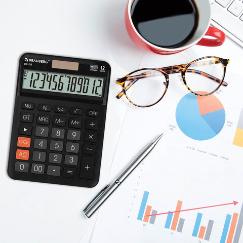 Калькулятор настольный BRAUBERG DC-118-BK (175х126 мм), 12 разрядов, двойное питание, черный, 272962 - фото 7