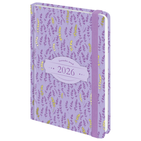 Ежедневник датированный 2026 с резинкой 145х203 мм, А5, BRAUBERG твердый, фольга, "Лаванда", 117344 - фото 1