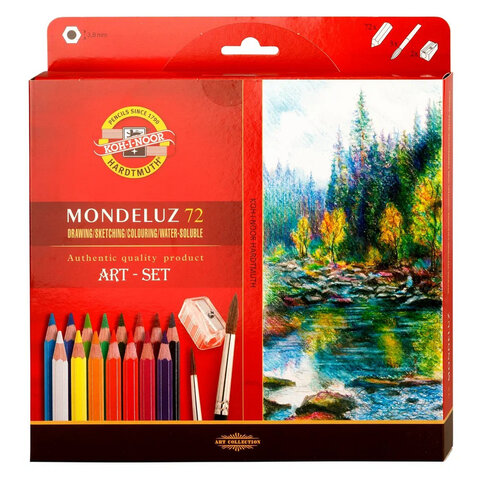 Карандаши цветные акварельные художественные KOH-I-NOOR "Mondeluz", 72 цвета, кисть, точилка, европодвес, 3714/72, 3714072001KZ - фото 1