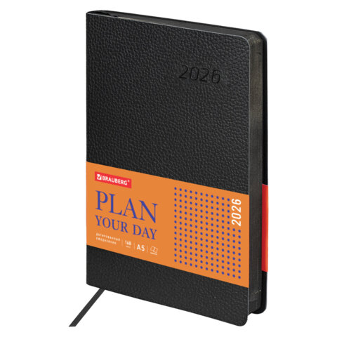 Ежедневник датированный 2026 А5 138x213 мм, BRAUBERG "Stylish", под кожу, гибкий, черный, 117097 - фото 1