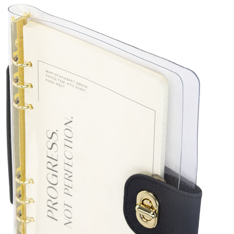 Блокнот А5 180x235 мм, BRAUBERG "Fabulous", гибкий, на кольцах, застежка, 80 л., черный, 116196 - фото 4