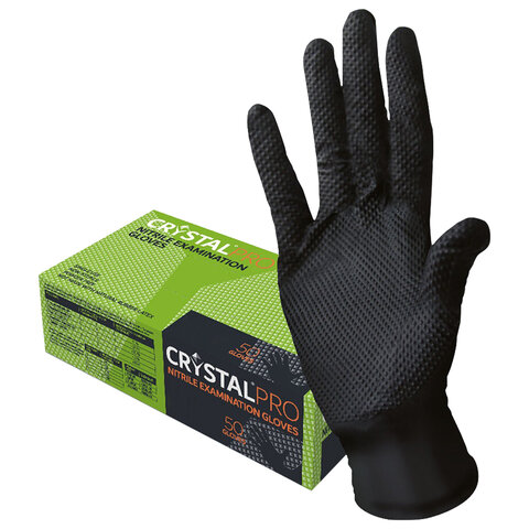 Перчатки нитриловые медицинские смотровые с текстурой CRYSTAL PRO, 25 пар (50 шт.), размер L (большой), черные, CR-BL-02 - фото 1