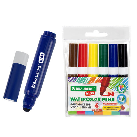 Фломастеры суперсмываемые толстые для малышей BRAUBERG KIDS, 6 цветов, ПВХ-упаковка, 152604 - фото 1