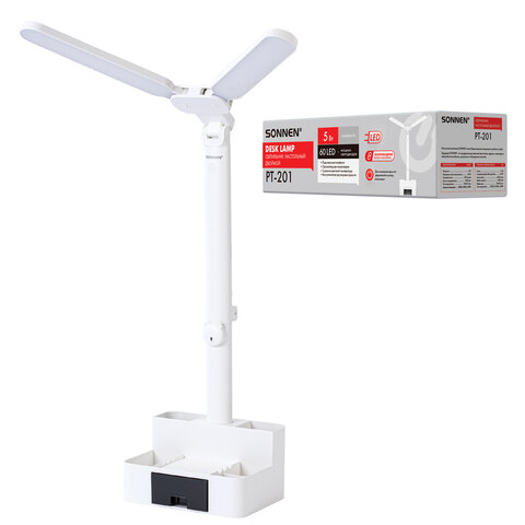 Настольная лампа / светильник беспроводная SONNEN PT-201, органайзер, USB, LED, 5 Вт, 3 режима, белый, 238781 - фото 2