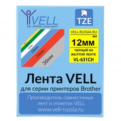 Картридж Vell VL-631CH(с чипом,12 мм,черный/желтом) для PT-100E/100ECH/D200 Картридж Vell VL-631CH(с чипом,12 мм,черный/желтом) для PT-100E/100ECH/D200 - фото 3