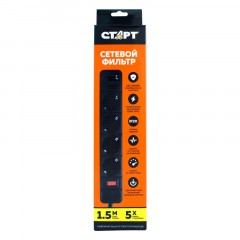 Сетевой фильтр СТАРТ С/УД-Ф SP 5x1 ZVT 5р/1,5м 10А/2200Вт черный Сетевой фильтр СТАРТ С/УД-Ф SP 5x1 ZVT 5р/1,5м 10А/2200Вт черный - фото 2