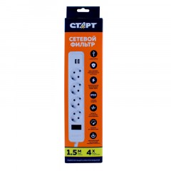 Сетевой фильтр СТАРТ С/УД-Ф SP 4x1 2USB ZVT 4р/1,5м 10А/2200Вт белый Сетевой фильтр СТАРТ С/УД-Ф SP 4x1 2USB ZVT 4р/1,5м 10А/2200Вт белый - фото 2