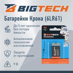 Батарейка BigTech Professional 6LR61/Крона 9V/1604A алкалин. бл/1шт - фото 2
