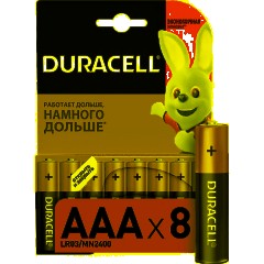 Батарейки КОМПЛЕКТ 8 шт., DURACELL Basic ОРИГИНАЛ, AAA (LR03, 24А), алкалиновые, мизинчиковые, C0037387