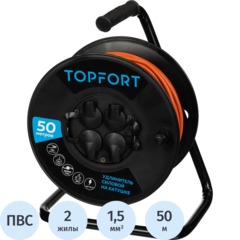 Удлинитель Topfort ПВС 2х1,5кв.мм, 50м на пласт.катушке, 4 роз. б/з, IP44