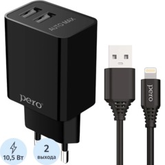 Зарядное устройство сет. PERO TC02 2USB 2.1A c каб. Lightning черный