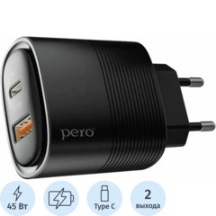 Зарядное устройство сет. PERO TC11 USB-A QC3.0 + USB-C PD, 45W черный