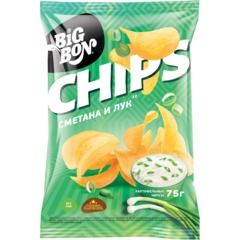 Чипсы BIGBON CHIPS из натурального картофеля со вкусом Сметаны и лука, 75г