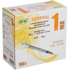 Шприц инсулиновый U-100 1мл 26G(0,45х12) над. 100шт/уп SFM Шприц инсулиновый U-100 1мл 26G(0,45х12) над. 100шт/уп SFM - фото 3