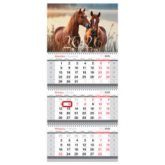 Календарь квартальный 3 бл. на 3 гр., 295*660 мм BG "Лошади", с магнитным бегунком, 2026г.