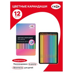 Карандаши цветные Гамма, 12цв., квадратные, пастельн., заточен., метал. пенал Карандаши цветные Гамма, 12цв., квадратные, пастельн., заточен., метал. пенал - фото 2