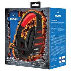 Наушники с микрофоном Sven AP-U997MV (с регулятором громкости), 2,2м, подсветка, звук 7.1, подключение через USB, красный, черный - фото 3