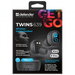 Наушники с микрофоном беспроводные Defender Twins 639, Bluetooth 5.0, TWS, powerbank 2000мАч, разъем Micro-USB, черный Наушники с микрофоном беспроводные Defender Twins 639, Bluetooth 5.0, TWS, powerbank 2000мАч, разъем Micro-USB, черный - фото 7