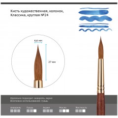 Кисть художественная колонок Гамма "Классика", круглая №24 Кисть художественная колонок Гамма "Классика", круглая №24 - фото 2