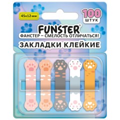 Закладки клейкие Z-сложения FUNSTER (ФАНСТЕР) "Лапки котов", 45х12 мм, 100 шт. (5 цветов х 20 листов), в диспенсере, 116691