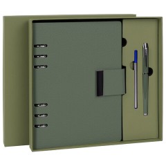 Ежедневник на кольцах в наборе с ручкой А5, 165x229 мм, BRAUBERG "Lux", под кожу, 100 листов, зеленый, 116858