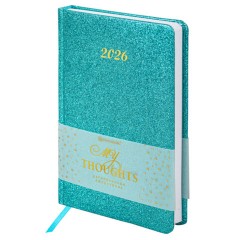 Ежедневник датированный 2026, А5, 138x213 мм, BRAUBERG "Sparkle", под кожу, блестки, бирюзовый, 117439