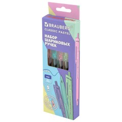 Ручки шариковые автоматические с грипом BRAUBERG "CLASSIC PASTEL", СИНИЕ, НАБОР 5 ШТ., пишущий узел 0,5 мм, линия письма 0,35 мм, 144470