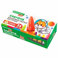Восковые мелки фигурные BRAUBERG KIDS "РАКЕТА", НАБОР 36 цветов + НАКЛЕЙКИ В ПОДАРОК, 273084