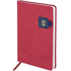 Ежедневник датированный 2026 А5 138х213 мм, BRAUBERG "Accent", под кожу, держатель, красный/синий, 117384