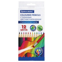 Карандаши цветные стираемые с ластиком BRAUBERG, 12 цветов, шестигранные, 182070