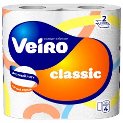 Бумага туалетная бытовая, спайка 4 шт., 2-слойная (4х15 м), VEIRO Classic (Вейро), белая, 5с24