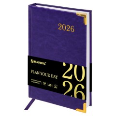 Ежедневник датированный 2026, А5, 138x213 мм, BRAUBERG "Senator", под кожу, фиолетовый, 117093
