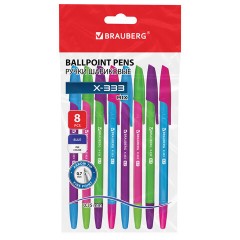 Ручки шариковые BRAUBERG "X-333 NEON MIX", НАБОР 8 ШТУК, СИНИЕ, узел 0,7 мм, линия 0,35 мм, 144536