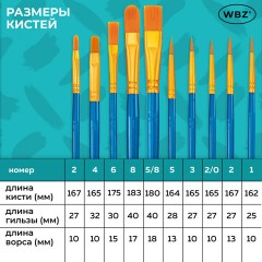 Кисти набор 10 шт., синтетика, синие, № 2/0-8 (Круглые; Овальные; Плоские; Лайнеры), WBZ (ВБЗ), 201085 - фото 24