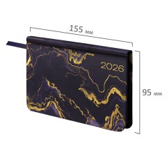 Еженедельник датированный 2026 МАЛЫЙ ФОРМАТ 95х155 мм, А6, BRAUBERG "Vista", под кожу "Black marble", 117203 - фото 2