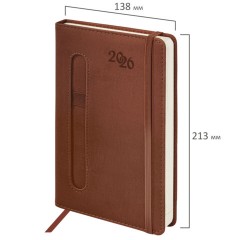 Ежедневник датированный 2026, А5, 138x213 мм, BRAUBERG "Optimal", под кожу, резинка, держатель для ручки, коричневый, 117468 - фото 2