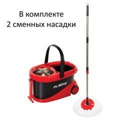Швабра с отжимом и ведром 19л/9л на колесах и ручкой для перевозки, отжим центрифуга, 2 круглые насадки, черно-красный, LAIMA, 606303 - фото 4