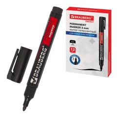 Маркер перманентный BRAUBERG "Energy", ЧЕРНЫЙ, круглый наконечник, 3 мм, с клипом,150475