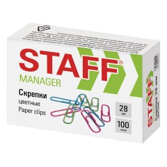 Скрепки STAFF "Manager", 28 мм, цветные, 100 шт., в картонной коробке, 226821