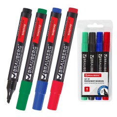 Маркеры перманентные BRAUBERG "Contract", НАБОР 4 ЦВЕТА, скошенный наконечник, 1-5 мм, 150473