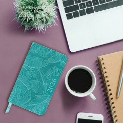 Еженедельник датированный 2026 МАЛЫЙ ФОРМАТ 95х155 мм, А6, BRAUBERG "Foliage", под кожу, бирюза, 117197 - фото 5