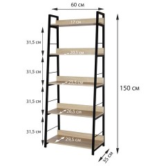 Стеллаж на металлокаркасе BRABIX "LOFT SH-003", 600х350х1500 мм, 5 полок, цвет дуб натуральный, 641236 - фото 5