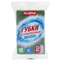 Губки для посуды 110х70х20 мм, ЦЕЛЛЮЛОЗНЫЕ + АБРАЗИВ, КОМПЛЕКТ 2 штуки, зеленые/зеленый абразив, LAIMA, 700258 - фото 2