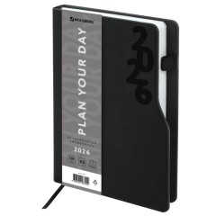 Ежедневник датированный 2026, А5, 150x213 мм, BRAUBERG "Up", под кожу, софт-тач, держатель для ручки, черный, 117116