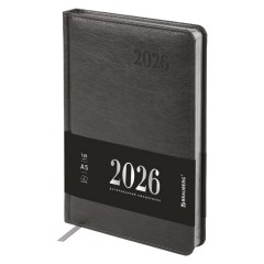Ежедневник датированный 2026, А5, 138х213 мм, BRAUBERG "Impression", под кожу, серый, 117513