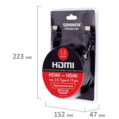 Кабель HDMI AM-AM, 1,5 м, SONNEN Premium, ver 2.0, FullHD, 4К, UltraHD, для ноутбука, компьютера, монитора, телевизора, проектора, 513130 - фото 7