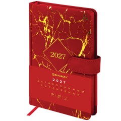Ежедневник датированный 2027, А5, 138x213 мм, BRAUBERG "Goldy", под кожу, цветной срез, красный, 117896
