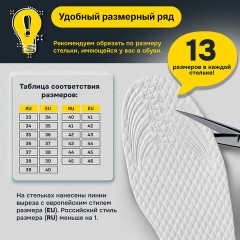 Стельки для обуви впитывающие от пота и запаха, КОМПЛЕКТ 10 пар, размер RU 33-45 / EU 34-46, с линиями выреза, SHEGRA (ШЕГРА), 700730 - фото 15