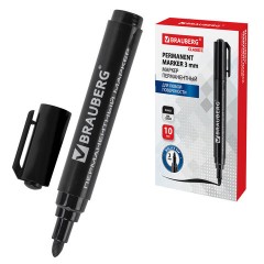 Маркер перманентный BRAUBERG "Classic", ЧЕРНЫЙ, круглый наконечник, 3 мм, с клипом, 150300